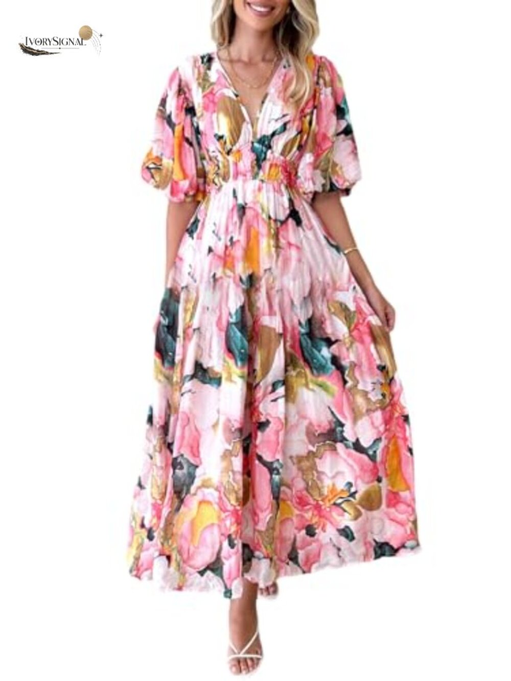 Floral Maxi Dress V-Neck Short Sleeve Summer Wedding Guest Dress